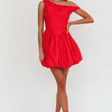 Celinda Asymmetric Neckline Balloon Mini Dress Red