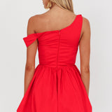 Celinda Asymmetric Neckline Balloon Mini Dress Red