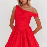 Celinda Asymmetric Neckline Balloon Mini Dress Red