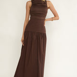 Dalayla Sleeveless Pintuck Maxi Dress Chocolate
