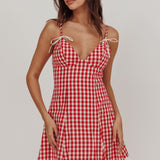 Noelle Lace Trim Mini Dress Gingham Red