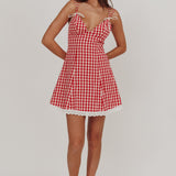 Noelle Lace Trim Mini Dress Gingham Red