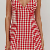 Noelle Lace Trim Mini Dress Gingham Red
