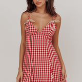 Noelle Lace Trim Mini Dress Gingham Red
