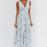 Spring Dawn Basque Waist Maxi Dress Floral Blue