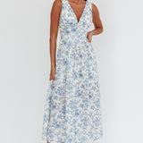 Spring Dawn Basque Waist Maxi Dress Floral Blue