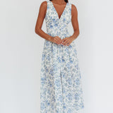 Spring Dawn Basque Waist Maxi Dress Floral Blue