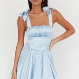 Just Magic Tied Shoulder Bubble Hem Mini Dress Baby Blue