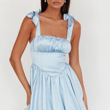 Just Magic Tied Shoulder Bubble Hem Mini Dress Baby Blue