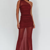 Verity One-Shoulder Sheer Maxi Dress Wine