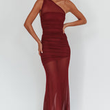Verity One-Shoulder Sheer Maxi Dress Wine