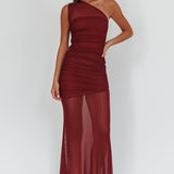 Verity One-Shoulder Sheer Maxi Dress Wine