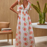 Equator Tied Shoulder Shirred Maxi Dress Floral Pink