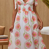 Equator Tied Shoulder Shirred Maxi Dress Floral Pink