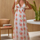Equator Tied Shoulder Shirred Maxi Dress Floral Pink