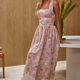 Dua Tied Shoulder Maxi Dress Floral Peach