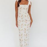 Coastal Bloom Tied Shoulder Maxi Dress Embroidered White