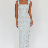 Coastal Bloom Tied Shoulder Maxi Dress Embroidered Baby Blue