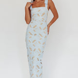 Coastal Bloom Tied Shoulder Maxi Dress Embroidered Baby Blue