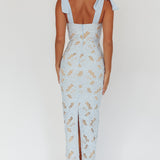 Coastal Bloom Tied Shoulder Maxi Dress Embroidered Baby Blue
