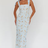 Coastal Bloom Tied Shoulder Maxi Dress Embroidered Baby Blue