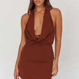 Kate Cowl Halter Mini Dress Chocolate