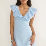 Unpredictable Layered Ruffle Neckline Mini Dress Blue