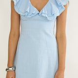 Unpredictable Layered Ruffle Neckline Mini Dress Blue
