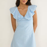 Unpredictable Layered Ruffle Neckline Mini Dress Blue