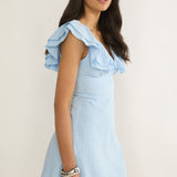 Unpredictable Layered Ruffle Neckline Mini Dress Blue