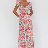 Palms Ruffle Sleeve Tied Back Maxi Dress Floral Pink