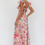 Palms Ruffle Sleeve Tied Back Maxi Dress Floral Pink