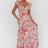 Palms Ruffle Sleeve Tied Back Maxi Dress Floral Pink