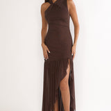 On Air Twist Neck Split Maxi Dress Chocolate