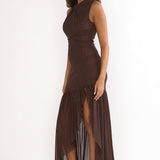 On Air Twist Neck Split Maxi Dress Chocolate