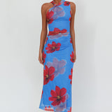 On Air Twist Neck Maxi Dress Floral Blue