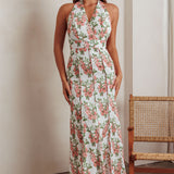 Love Bomb Pintuck Pleat Halterneck Maxi Dress Floral Pink
