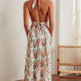 Love Bomb Pintuck Pleat Halterneck Maxi Dress Floral Pink
