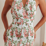 Love Bomb Pintuck Pleat Halterneck Maxi Dress Floral Pink