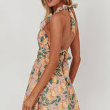 Miko Frill Trim Halter Mini Dress Lemon