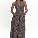 Clarette Basque Waist Open Back Maxi Dress Spotted Chocolate