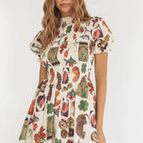 Nia Shirred Puff Sleeve Mini Dress Exotic Print Beige