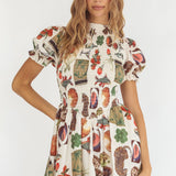 Nia Shirred Puff Sleeve Mini Dress Exotic Print Beige