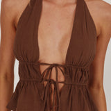 Under The Moons Tied Front Halter Top Cocoa