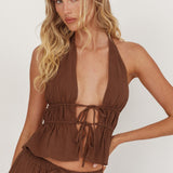 Under The Moons Tied Front Halter Top Cocoa