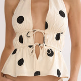 Under The Moons Tied Front Halter Top Polka Dot Beige