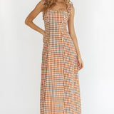 Warrior Sun Frill Strap Maxi Dress Tan Check