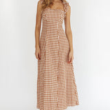 Warrior Sun Frill Strap Maxi Dress Tan Check