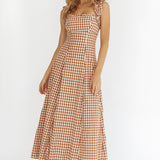Warrior Sun Frill Strap Maxi Dress Tan Check