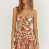 Rachelle Tied Bust Ruched Mini Dress Spotted Tan Check